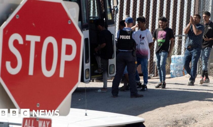 Migrants are loaded onto buses for the Customs and Border patrol agency along the southern border of the US and Mexico