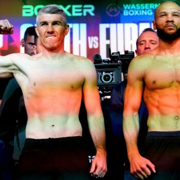 Liam Smith (left) and Chris Eubank Jr during a weigh-in at New Century Hall, Manchester. Picture date: Friday September 1, 2023. PA Photo. See PA story BOXING Manchester. Photo credit should read: Nick Potts/PA Wire.....RESTRICTIONS: Use subject to restrictions. Editorial use only, no commercial use without prior consent from rights holder.