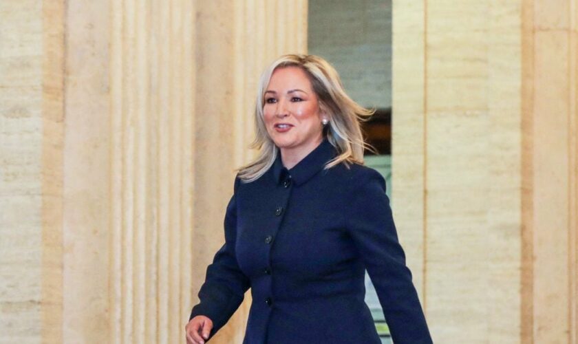 Northern Ireland's First Minster designate, Sinn Fein's Michelle O'Neill, arrives at Parliament Buildings, the seat of the Northern Ireland Assembly, in Stormont on February 3, 2024. O'Neill becomes the first nationalist leader of Northern Ireland's government, when the assembly returns following a two-year boycott by the biggest pro-UK party. (Photo by Paul Faith / AFP)