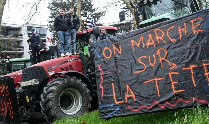 Des agriculteurs se tiennent sur un tracteur en face du bâtiment de Rennes Métropole, le 1er février 2024 à Rennes