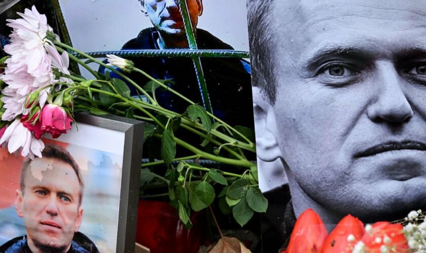 Des fleurs déposées autour de portraits de l'opposant russe Alexeï Navalny, mort en prison, le 23 février 2024 à Francfort, en Allemagne