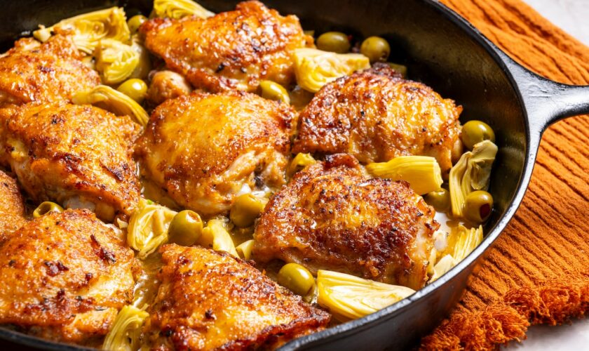 Embrace weeknight braising with skillet chicken and artichokes