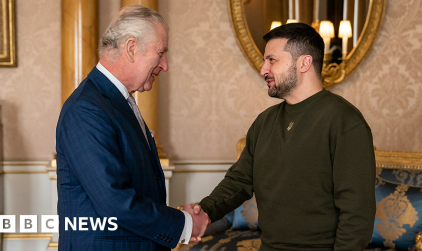 King Charles shaking hands with Ukrainian President Volodymyr Zelensky