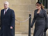 Prince Andrew leads the pack at King Constantine of Greece's memorial service: Duke of York grins as he greets royal guests and takes them to their seats in rare public appearance alongside ex-wife Fergie