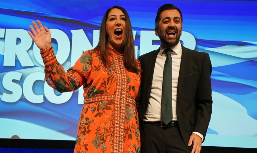 First Minister Humza Yousaf with his wife Nadia El-Nakla after his speech during the SNP annual conference at the Event Complex Aberdeen (TECA) in Aberdeen. Picture date: Tuesday October 17, 2023.