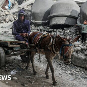 A man drives a donkey-pulled cart past the rubble of Al-Faruq Mosque, that was destroyed during Israeli bombardment, in Rafah