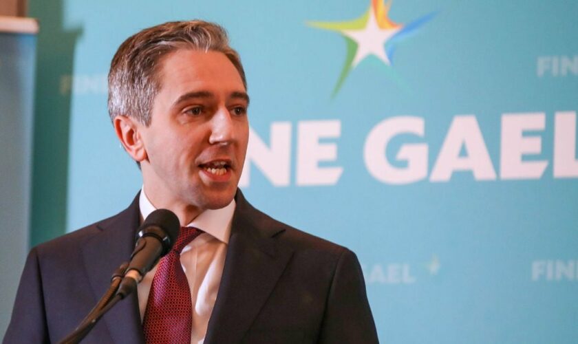 Simon Harris lors de la convention du Fine Gael à Athlone, le 24 mars 2024 en Irlande