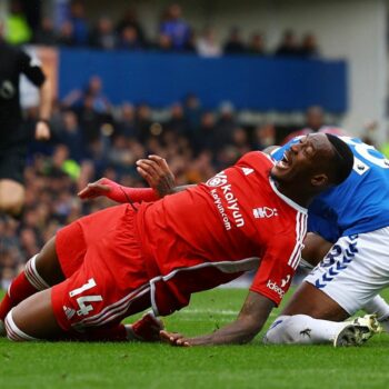 Nottingham Forest say they should have been awarded three penalties over fould committed by Everton's Ashley Young. Pic: Reuters