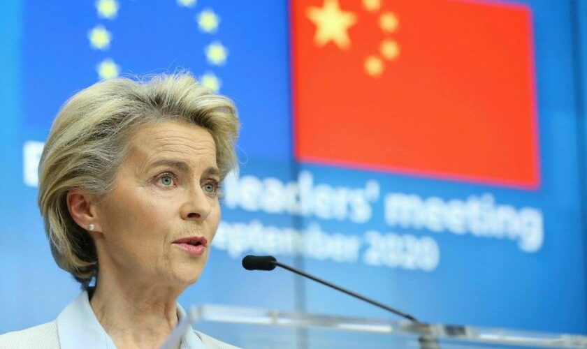 Le présidente de la Commission européenne Ursula Von Der Leyen le 14 septembre 2020 lors d'une conférence de presse à l'issue de sa visioconférence avec le président chinois Xi Jinping