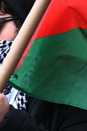 Un manifestant pro-palestinien porte le drapeau palestinien devant le campus de l'université Columbia à New York, aux Etats-Unis, le 24 avril 2024