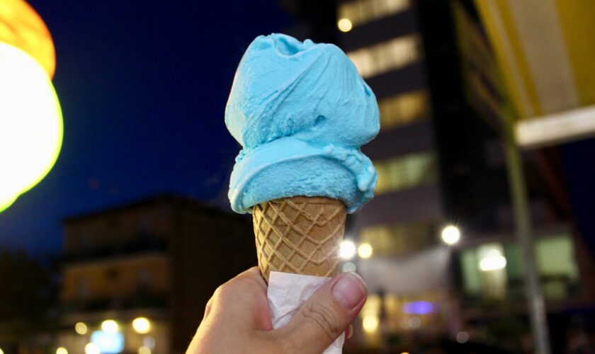 A gelato cone in an Italian city after dark
