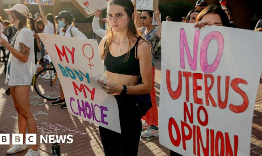 Demonstrators during a Women's March rally in Phoenix, Arizona, US, on Saturday, Jan. 20, 2024