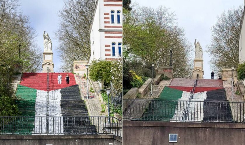 Nantes : la ville enlève le tag d’une croix néonazie mais garde le drapeau palestinien géant qu’elle recouvrait