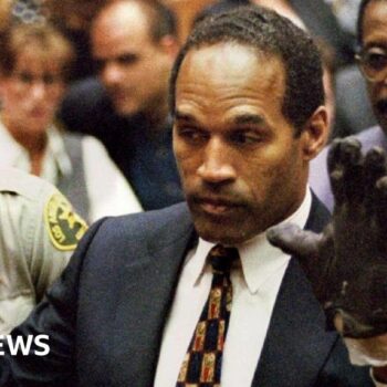 OJ Simpson, wearing the blood stained gloves found by Los Angeles Police and entered into evidence in Simpson's murder trial