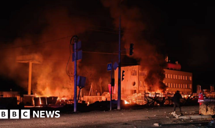 Buildings burning following Russian strikes on Kharkiv