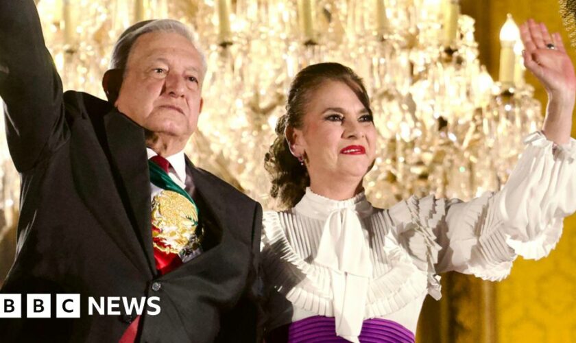 Mexico's President, Andres Manuel Lopez Obrador accompanied by his wife Beatriz Gutierrez Muller ahead the 213 Anniversary of the Grito of Mexico's Independence Day at Constitution Plaza on 15 September 2023 in Mexico City, Mexico