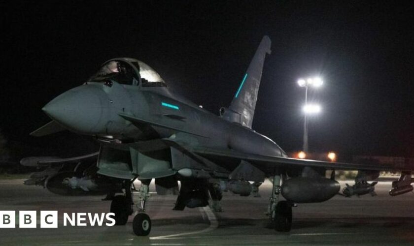 An RAF Typhoon aircraft prepares to take-off to conduct air strikes against Houthi targets in Yemen, 3 February 3 2024