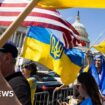 Supporters of Ukraine wave US and Ukrainian flags outside the US Capitol after the House approved foreign aid packages to Ukraine
