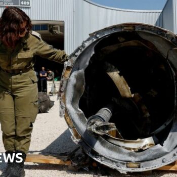 Israel's military displays what they say is an Iranian ballistic missile which they retrieved from the Dead Sea after Iran launched drones and missiles towards Israel, at Julis military base, in southern Israel April 16, 2024.