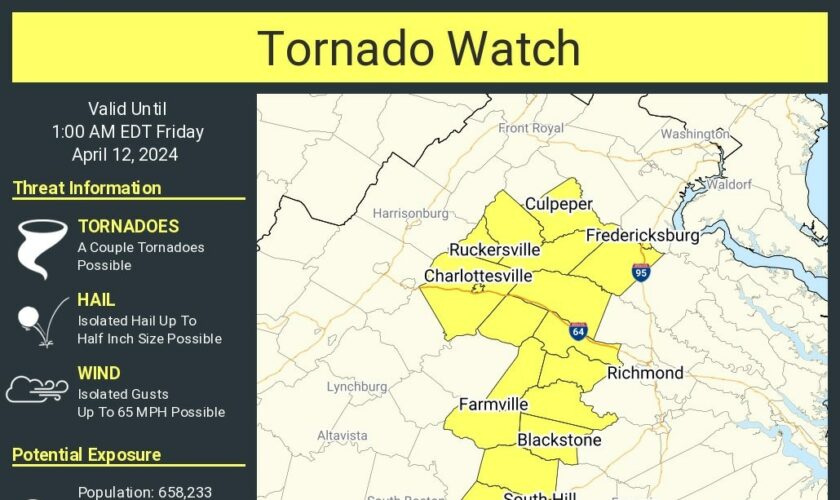 Update: Tornado watch issued for Fredericksburg and Central Virginia