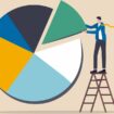 Investment asset allocation and rebalance concept, businessman investor or financial planner standing on ladder to arrange pie chart as rebalancing investment portfolio to suitable for risk and return