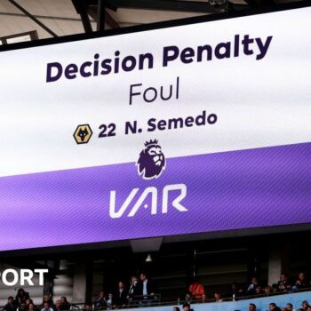 The big screen at Etihad Stadium showing a penalty being awarded after a VAR check