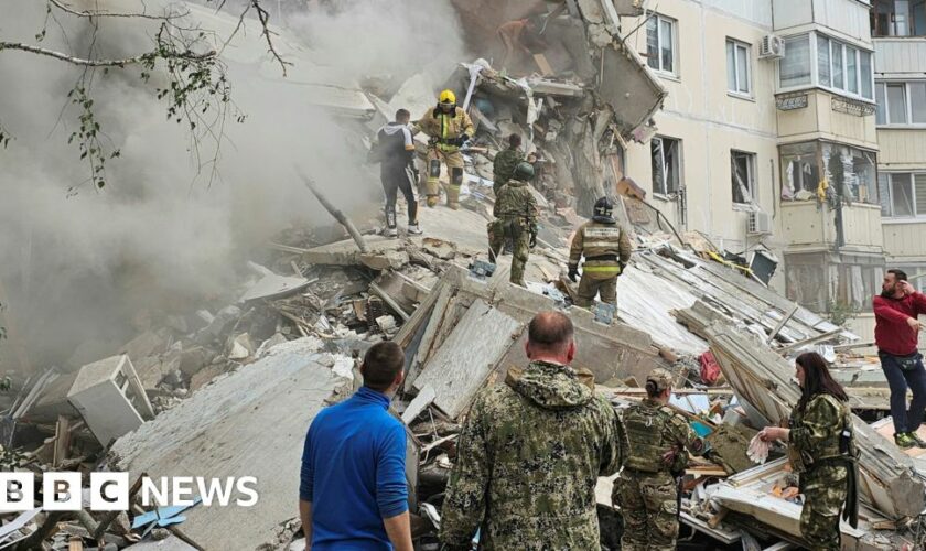 An apartment block partially collapsed