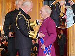 Smiling King Charles shows he's truly back to business with first investiture ceremony at Windsor Castle since cancer diagnosis - as Archbishop of Canterbury and Dame Jilly Cooper receive gongs