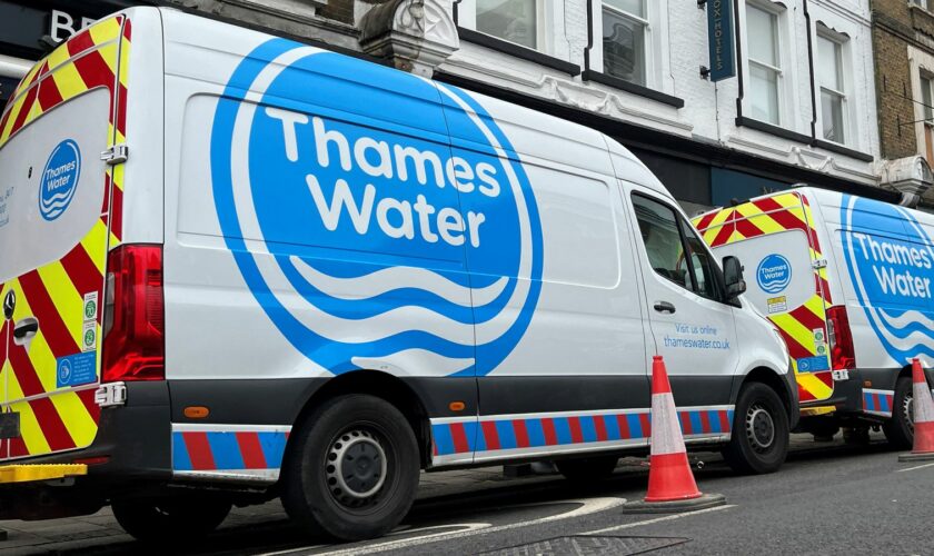 Thames Water vans are parked on a road as repair and maintenance work takes place, in London, Britain, April 3, 2024. REUTERS/Toby Melville