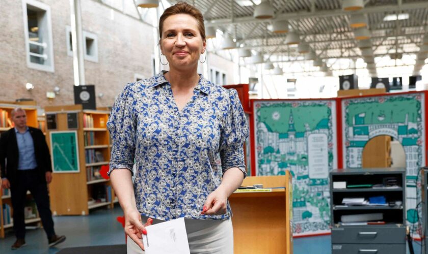 Denmark's Prime Minister Mette Frederiksen gives her advanced vote for the European Parliament elections at the main library in Aalborg, Jutland, Denmark, Saturday June 1, 2024. Pic: AP