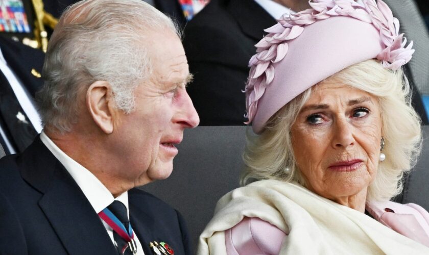King Charles III and Queen Camilla in the Royal Box at the UK's national commemorative event for the 80th anniversary of D-Day, hosted by the Ministry of Defence on Southsea Common in Portsmouth, Hampshire. Picture date: Wednesday June 5, 2024. PA Photo. See PA story MEMORIAL DDay. Photo credit should read: Dylan Martinez/PA Wire