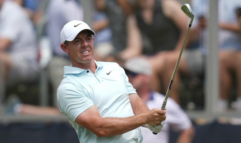 Jun 16, 2024; Pinehurst, North Carolina, USA; Rory McIlroy hits from the sixth tee box during the final round of the U.S. Open golf tournament. Mandatory Credit: Jim Dedmon-USA TODAY Sports