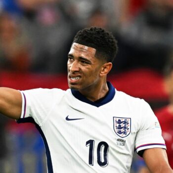 Jude Bellingham celebrates after scoring a header against Serbia at England's first game of Euro 2024. Pic: AP