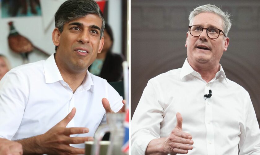 Two-way composite of Rishi Sunak and Keir Starmer at campaign events on Saturday 29 June 2024. Pics: PA