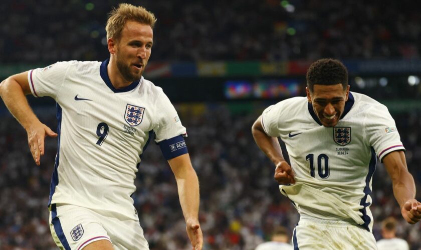 Harry Kane celebrates scoring for England vs Slovakia