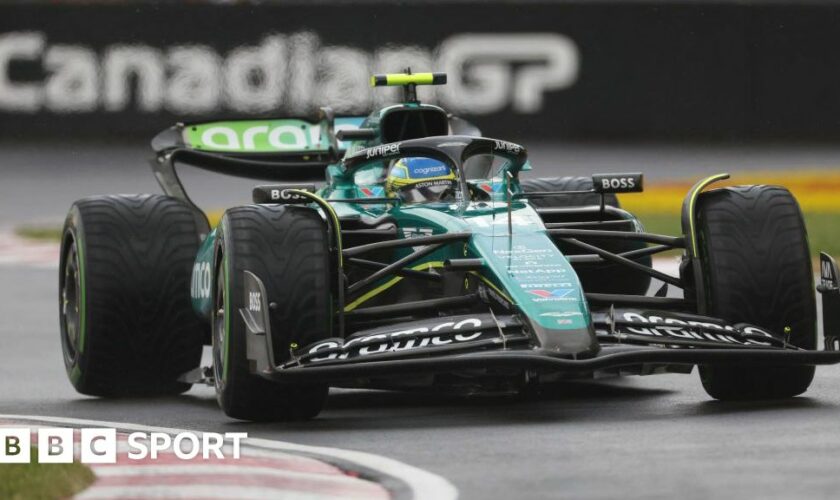 Aston Martin's Fernando Alonso in wet second practice for the Canadian Grand Prix