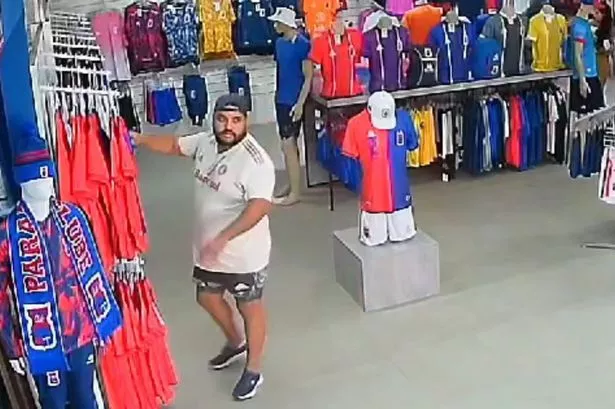 Moment thief walks off with 17 replica footie shirts stuffed down shorts