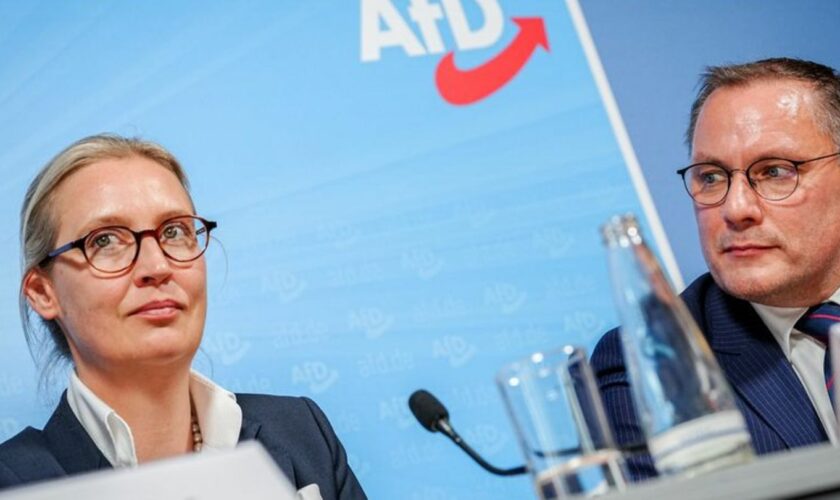 Alice Weidel und Tino Chrupalla. Die AfD-Spitze strebt einen Austritt aus dem rechten Parteienbündnis an und will damit einem Ra