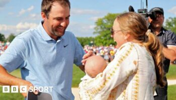 Scottie Scheffler with his wife Meredith and new son Bennett after winning the Memorial Tournament