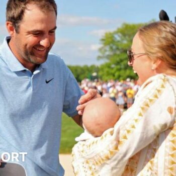 Scottie Scheffler with his wife Meredith and new son Bennett after winning the Memorial Tournament