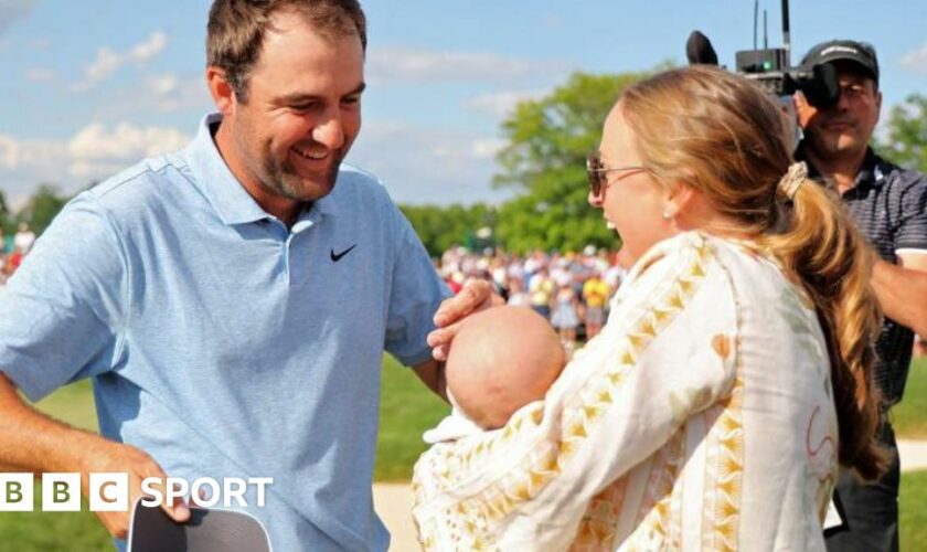 Scottie Scheffler with his wife Meredith and new son Bennett after winning the Memorial Tournament