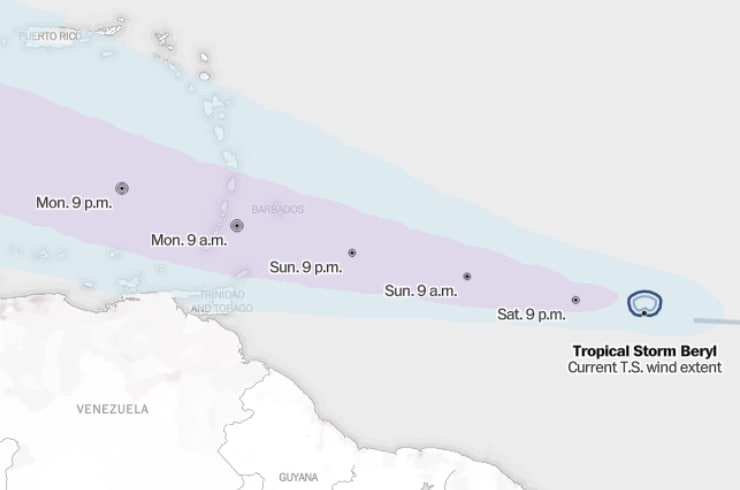 Tropical Storm Beryl tracker: Map and projected storm path
