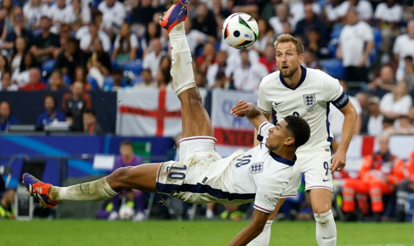 England's Jude Bellingham scores their first goal. Pic: Reuters
