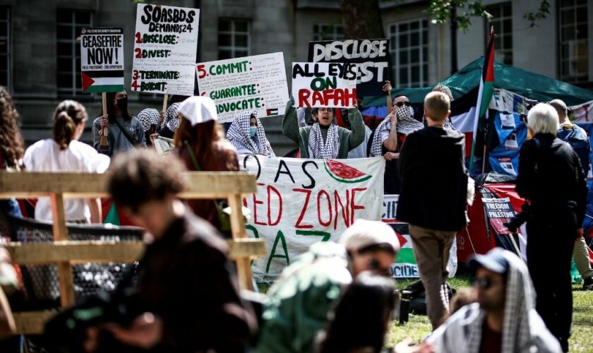 Un campement d'étudiants propalestiniens sur le campus de la SOAS University de Londres, le 8 mai 2024