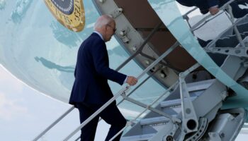 Joe Biden boards Air Force One at Harry Reid International Airport in Las Vegas after testing positive to Covid. Pic: Susan Walsh/AP