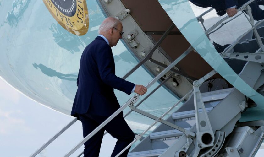 Joe Biden boards Air Force One at Harry Reid International Airport in Las Vegas after testing positive to Covid. Pic: Susan Walsh/AP
