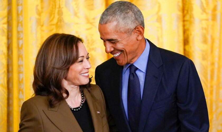 Former President Barack Obama with Kamala Harris in 2022. Pic: AP