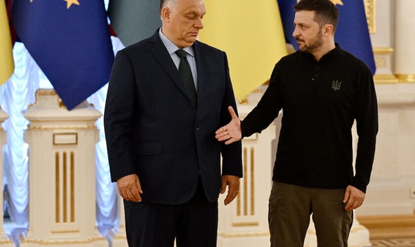 Le président ukrainien Volodymyr Zelensky (D) tend la main au Premier ministre hongrois Viktor Orban en visite le 2 juillet 2024 à Kiev
