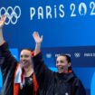 Britain's Yasmin Harper and Scarlett Mew Jensen celebrates after winning the bronze medal in the women's synchronised 3m springboard diving final at the 2024 Summer Olympics, Saturday, July 27, 2024, in Saint-Denis, France. (AP Photo/Lee Jin-man)
