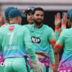 Oval Invincibles bowler Saqib Mahmood celebrates taking a wicket with his team-mates